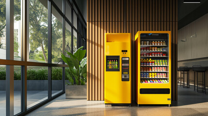 Modern, sleek vending machine mockup in a bustling public space, highlighting its spacious design and ample branding panel for promotional messages. - obrazy, fototapety, plakaty