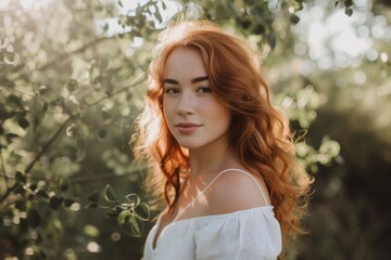 A fiery-haired model strikes a pose among the trees, her freckled face framed by long locks and dressed in stylish clothing for a captivating outdoor photoshoot