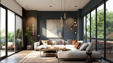 Sleek, minimalistic modern living room designed by a skilled interior designer. Vibrant pops of color, contemporary furniture, and unique art pieces create a perfect balance of style and com - obrazy, fototapety, plakaty