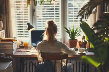 A woman finds solace in the tranquility of her indoor sanctuary, surrounded by her favorite houseplants and a vase of vibrant flowers, as she sits at her desk gazing out the window - obrazy, fototapety, plakaty
