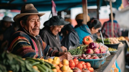 A friendly greengrocer in a sun hat stands proudly at his market stall, selling a colorful array of...