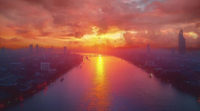 夕日に染まるバンコクメコン川の幻想的なひととき