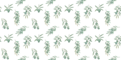 Seamless pattern, endless watercolor pattern, hand drawn. Olive branches, olives, juicy tree fruits. Fabric design, kitchen textiles, packaging, wrapping paper.