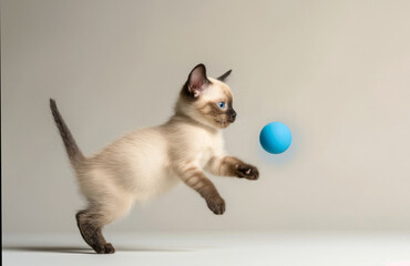 Young siamese cat jumping after a toy ball
