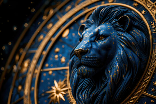 Leo zodiac sign against horoscope wheel. Astrology calendar. Esoteric horoscope and fortune telling concept.