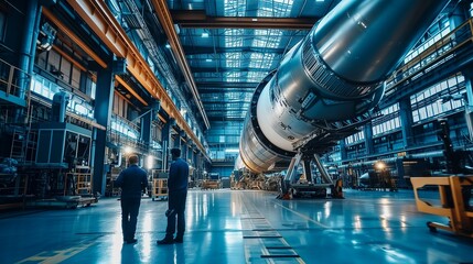 Skilled workers piece together futuristic vessel at rocket manufacturing site - obrazy, fototapety, plakaty