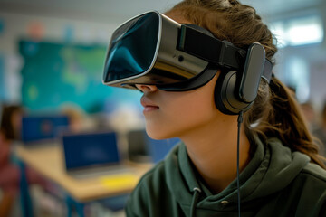 A young woman immerses herself in a digital world, her face adorned with headphones and virtual reality glasses, showcasing the fusion of fashion and technology