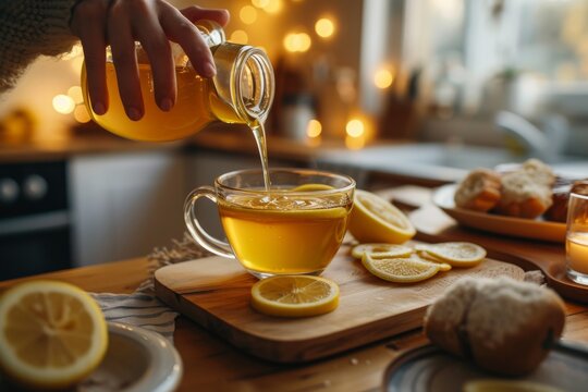 A person carefully pours a refreshing citrus drink into a sleek cup, adding a burst of vibrant flavor to their cozy indoor setting