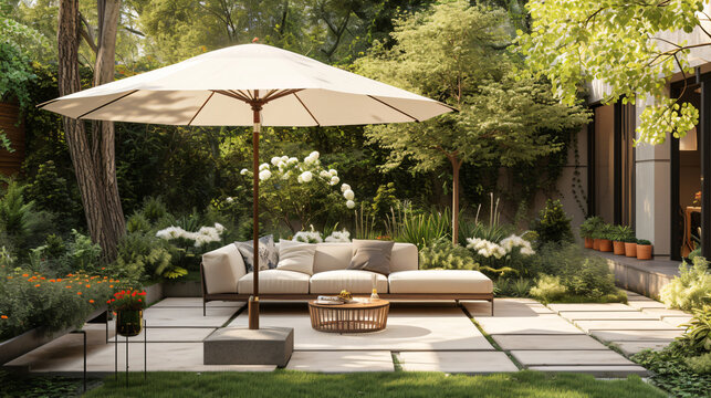 A stunning photo of an elegant upscale patio umbrella in a beautifully landscaped garden setting. This mockup proudly displays the umbrella's generous size and its high-quality material, per