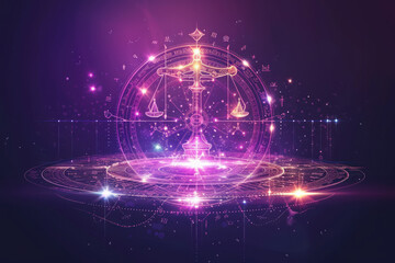 Libra zodiac sign against horoscope wheel. Astrology calendar. Esoteric horoscope and fortune telling concept.