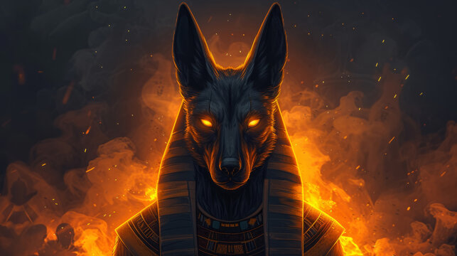 Anubis head, Egyptian god of death in a dark smoky background. illustration.