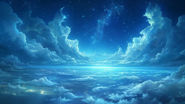 Ethereal celestial dreamscape with cascading stars and cosmic clouds in mesmerizing motion