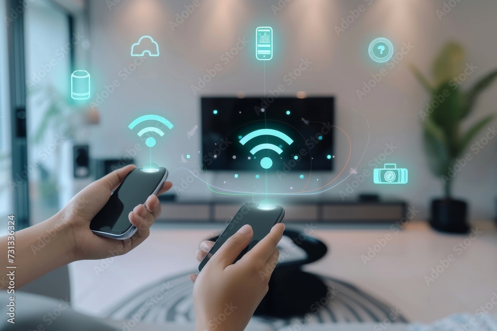 Poster two hands holding multiple electronic devices, a phone and a watch, against a blank wall with a capt