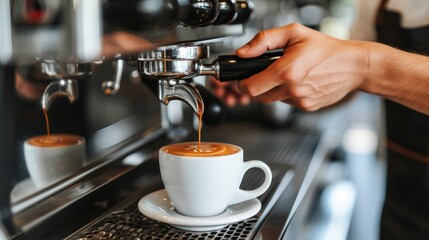 Barista making coffee latte in cafe with blurred background and copy space for text placement