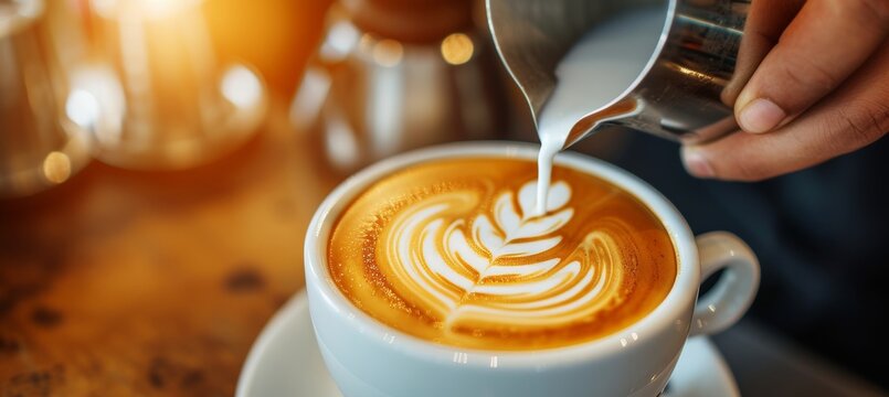 Close up of barista making coffee latte in cafe with blurred background and copy space