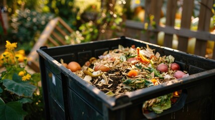 compost bin filled with organic waste, such as fruit and vegetable peels, on a sunny patio with plants in the background