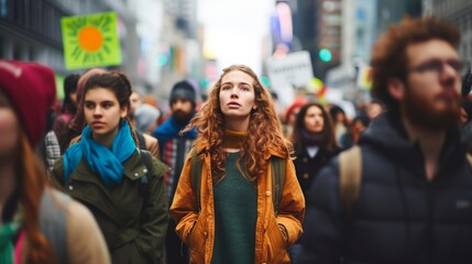 A woman's bright smile stands out in a sea of people on a bustling city street, her stylish scarf and jacket adding a pop of color to the crowd's sea of clothing and faces