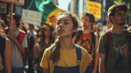 Obraz premium In the midst of a bustling street fashion scene, a woman in a yellow shirt stands out, exuding confidence and individuality as she walks among the crowd with a fashion accessory in hand