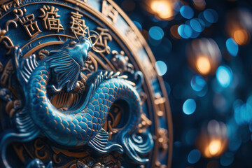 Obraz premium Pisces zodiac sign against horoscope wheel. Astrology calendar. Esoteric horoscope and fortune telling concept.