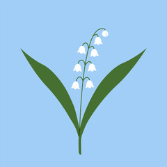 Lily of the valley. White spring flowers on blue background. Flat vector illustration.