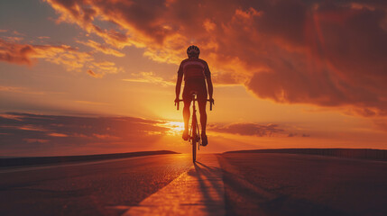 Fototapeta na wymiar Unrecognizable silhouette man riding bicycle against sunset sky, riding racing bicycle on open road.
