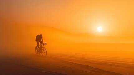Obraz premium An unrecognizable silhouette of a man riding a bicycle against the background of a sunset sky over a sandy area.