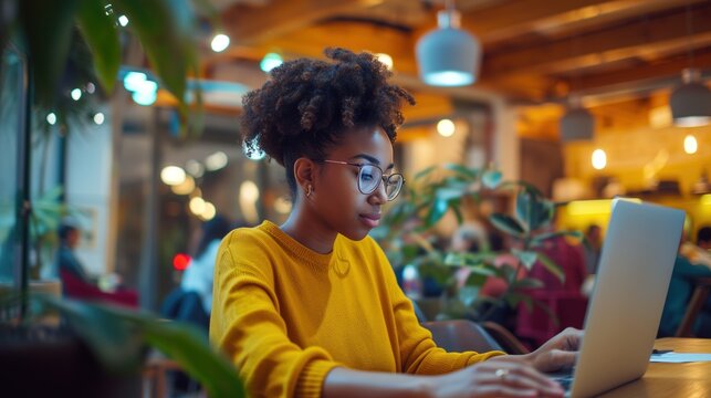 An young African freelance woman is sitting in a cozy cafe, working intently.