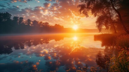 Fototapeta premium A serene evening on the tranquil lake, as the sun sets behind the silhouetted trees, casting a warm backlighting on the calm waters and creating a breathtaking natural landscape