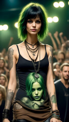 Fototapeta na wymiar Woman with green hair wearing black tank top with picture of woman's face on it.