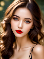 Painting of woman with red lipstick on her face and long brown hair.
