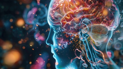 Profile of a woman with a graphic overlay of a brain, symbolizing thoughts or neural activity, against a bokeh light background - obrazy, fototapety, plakaty