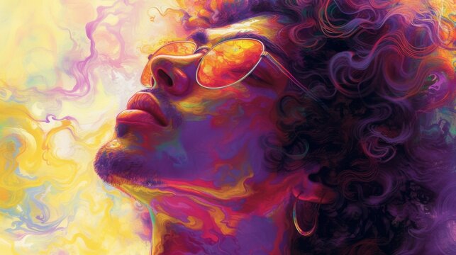 A man with curly hair and glasses looking up at the sky, AI