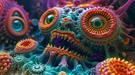 A colorful sculpture of a monster with many eyes and teeth, AI