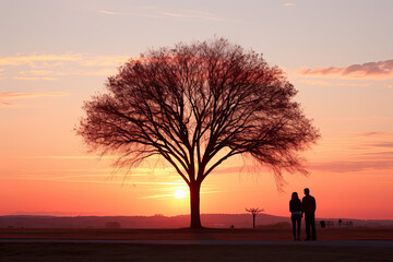 Two individuals stand in the tranquil embrace of natures canopy, sharing a profound moment amidst the ethereal hues of a setting sun.