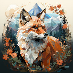 illustration of a fox, fox in the woods