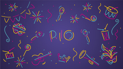 Obraz premium Rio Carnival 2024 elements banner. Mask drums rattles guitar fanfare whistle crown tiara flags ribbons sparkle firework confetti isolated on purple background