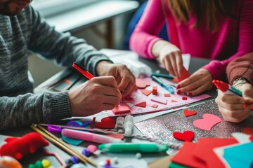 A group of individuals, including a young girl in colorful clothing, engaged in indoor activities such as cutting paper with scissors and using writing implements to create art, embodying the spirit 