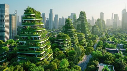 Modern green architecture, eco-friendly buildings covered in plants in an urban environment,...