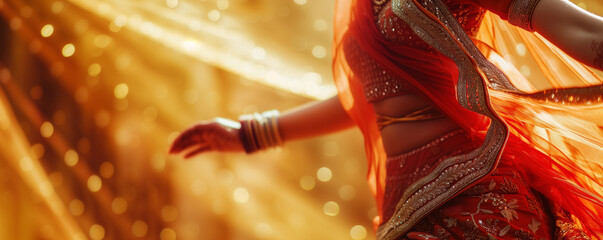 Indian woman in traditional saree. Holiday concept. Design for festival advertisement, beauty and fashion poster. Holiday event banner with copy space.