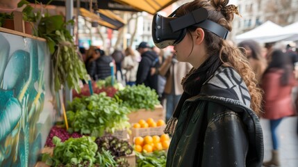 Naklejka premium A stylish woman sporting virtual reality goggles stands among a bustling outdoor marketplace, her face adorned with a fashionable hat as she peruses the various clothing and fashion accessories for s