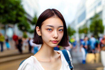 street snapshot image of smiling Asian young woman with light makeup
