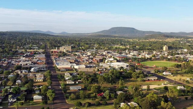 Aerial panorama of Gunnedah town in rural outback area of New England in AU 4k.
