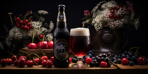 Obraz na płótnie Canvas Freshness in a glass, nature celebration of autumn frothy drink Glass of beer next to plate of cherries and bottle of beer black background.