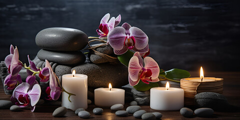A soothing spa still life composition featuring a pile of black stones, lit candles, and beautiful orchids The  is shot outdoors in a garden setting grey background.
