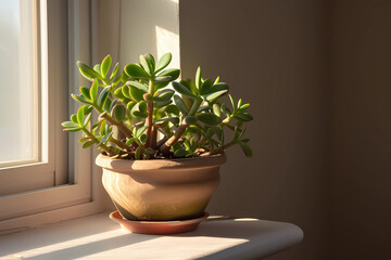 A lush jade plant nestled in a decorative pot adds a touch of natural elegance and vibrant greenery to any indoor space, infusing it with warmth and serenity