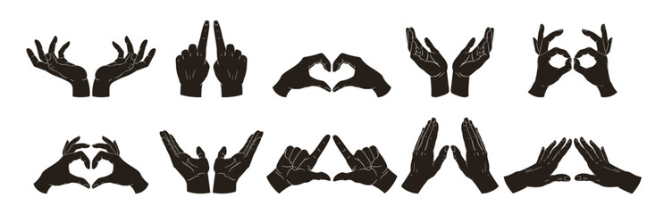 Cartoon human hand signs. Hands gesture silhouettes, various hand palms position flat vector illustration set. Monochrome palms gestures