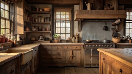 Fototapeta na wymiar Cozy Rustic Farmhouse Kitchen - A Blend of Tradition and Comfort