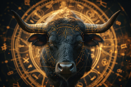 Taurus zodiac sign against horoscope wheel. Astrology calendar. Esoteric horoscope and fortune telling concept.