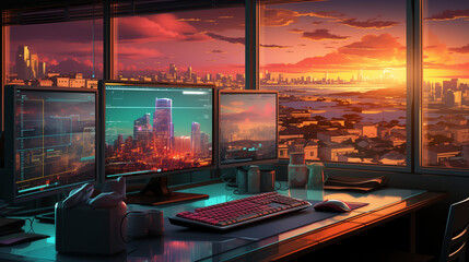 Fototapeta na wymiar Computer in sunset view