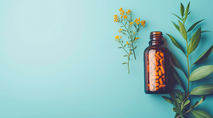 Bottle of pills and leaves on blue background. Copy space